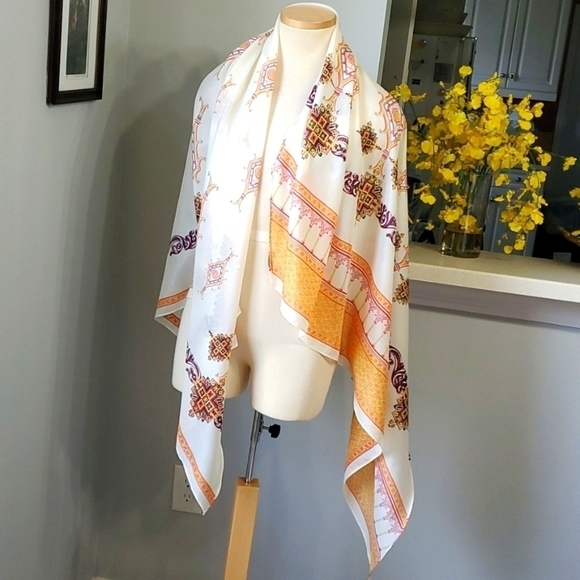 Lovely scarf by Fraas. Beautiful shade of orange and red, purple. Excell… - Picture 1 of 8